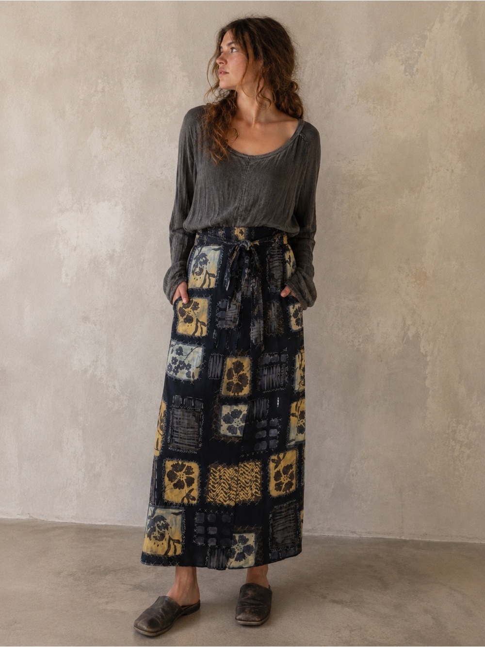 Vintage Kathie Lee Black Tan Patchwork Wrap Maxi Skirt Size 6 Y2K Boho 90's